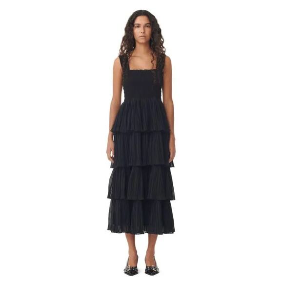 GANNI Pleated Georgette Flounce Smock Midi Dress Black Womens Size 32 New - Picture 1 of 16